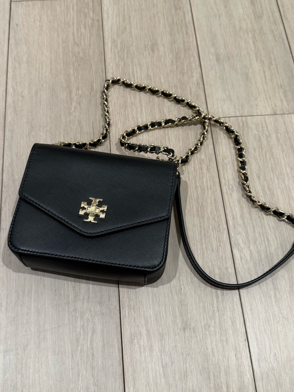 Tory Burch Black Leather Chain Crossbody with Gold Logo